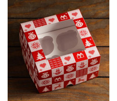 Упаковка на 4 капкейка с окном "Рождественский принт", 16х16х10см